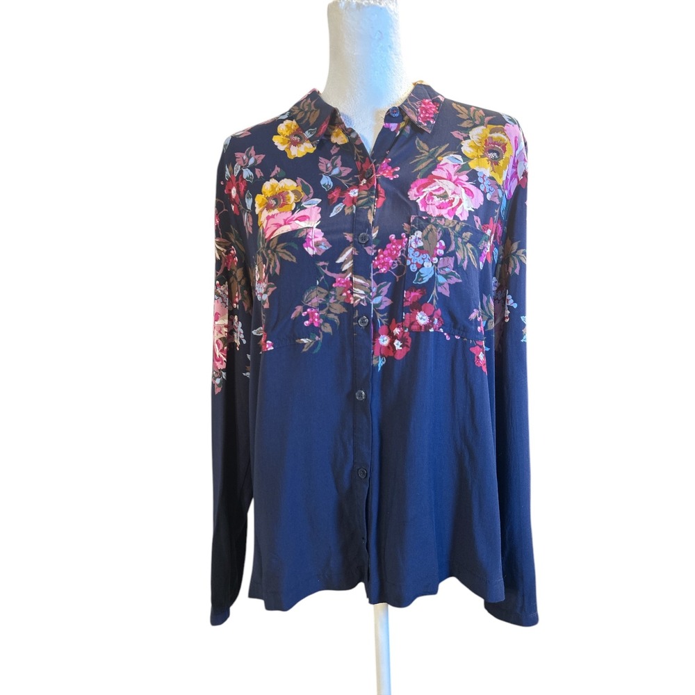 Joules Elvina Floral Button Up Blouse Patch Pockets‎ Navy Border Size 8